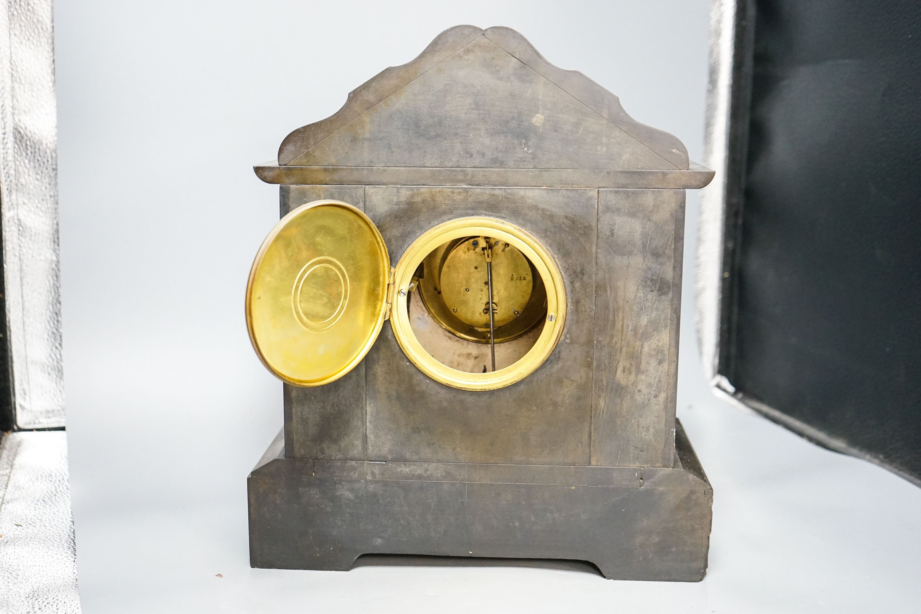 A walnut cased chiming bracket clock together with a slate mantle clock 37cm